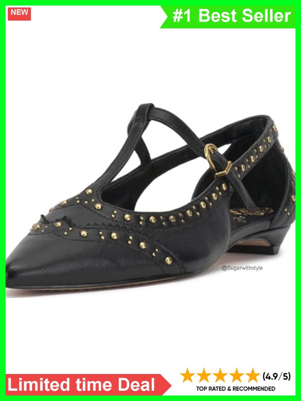 Leather Kitten Heel T-Strap Pointed Toe Flat Mule